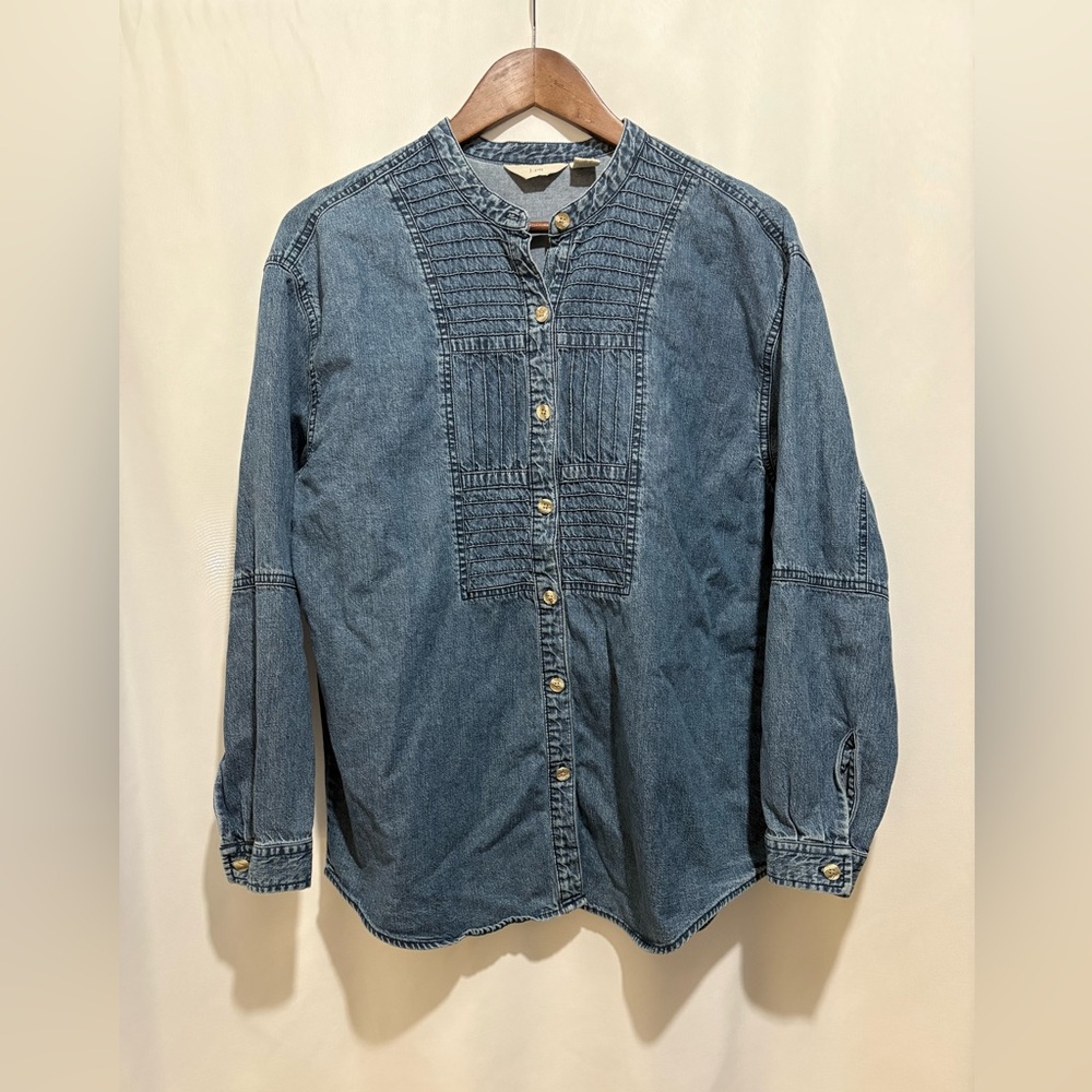J. Jill Chambray Button Front Shirt Small Blue Cotton Tunic Boho Pintuck Top